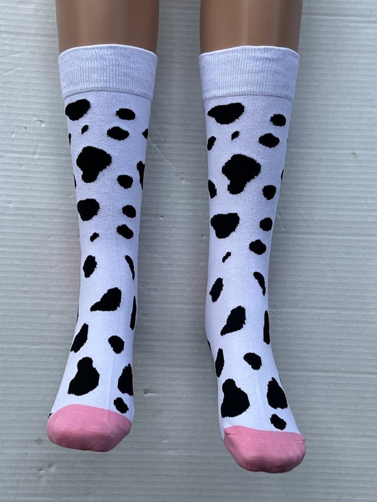 None Other - Cow-Print Crew Socks with Pink Accents